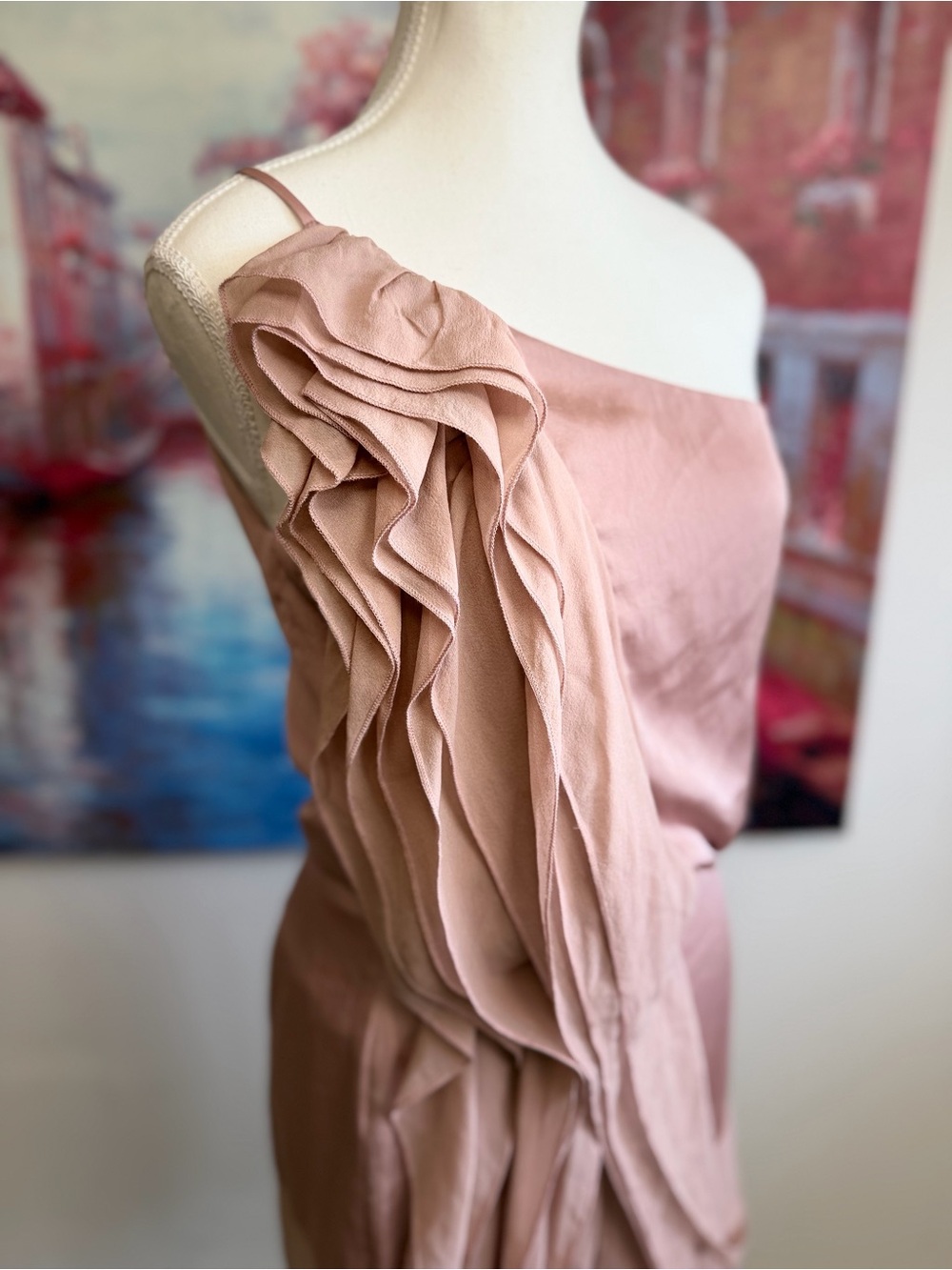 BCBGMAXAZRIA Lydia Antique Blush Silk Ruffle One Shoulder Cocktail Dress Size 2